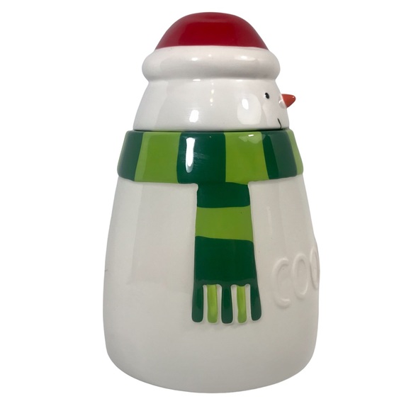 HALLMARK Cookie Jar Snowman with Red Santa Hat and Green Stripe Scarf - Picture 2 of 10